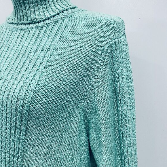 SUNDANCE L Turquoise Toasty Tweed Rib Knit Turtleneck Sweater Soft Cozy Winter - Picture 16 of 16